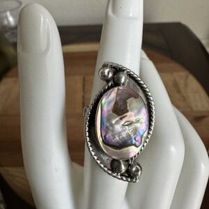Vintage Taxco Ring Size 4.25 Abalone 2 Eagle Artisan Signed 925 Sterling 4.8g